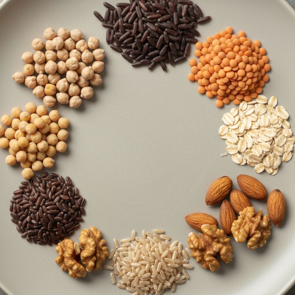 Protein-rich whole foods arranged on plate